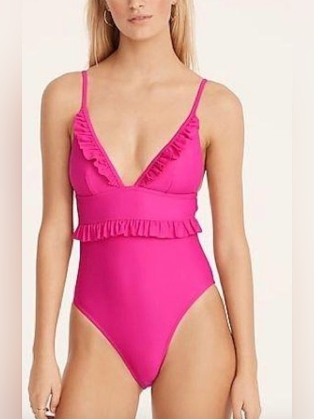 J.Crew Ruffle Plunge 1 Piece Swim Suit Fuchsia Pink Sz 8 Beach Resortwear Cruise